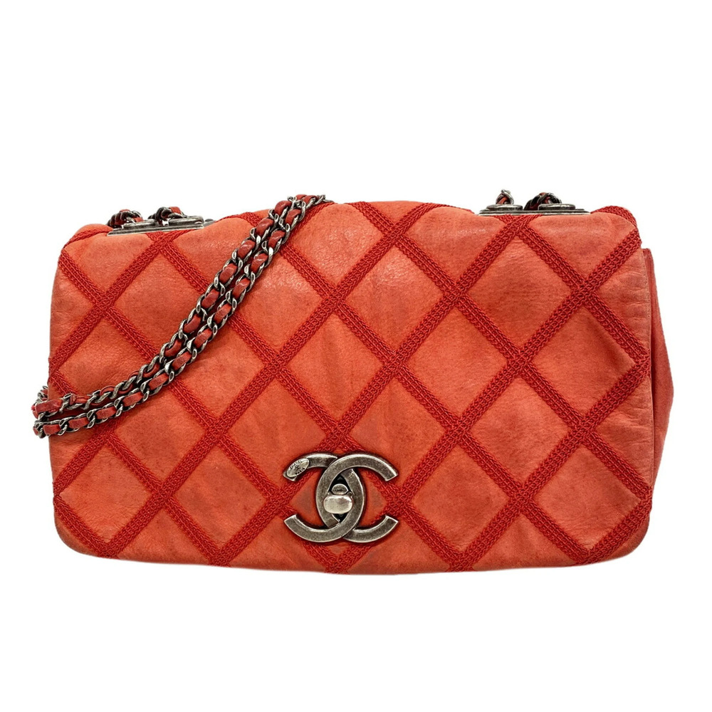 Chanel Shoulder Bag, Wild Stitch, Double Chain, Sparkle Leather, Red, Women's